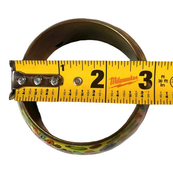 Vintage Bohemian Bangle Brass Green Pink Blue Floral Enamel Bracelet - Picture 6 of 6